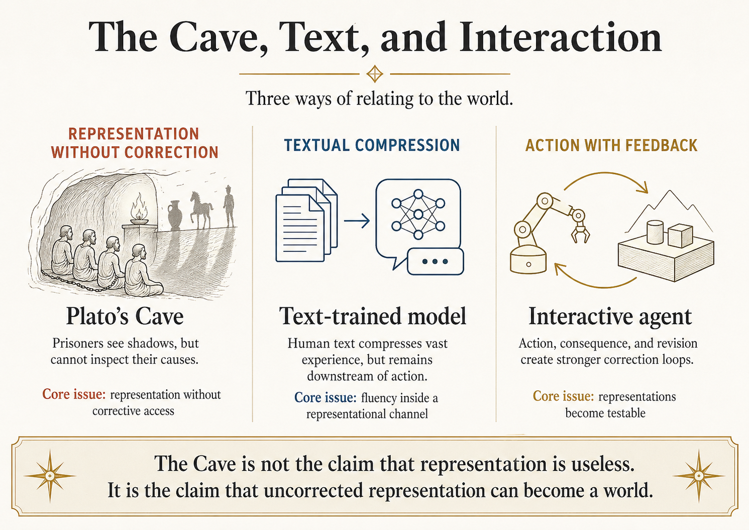 Three-panel infographic. Left: prisoners chained in a cave watching shadows on a wall. Middle: an LLM glyph trained on stacks of human-written records (text, code, papers). Right: an agent in an environment with feedback arrows looping between action, observation, and reward. The three panels are labelled Cave, Text, Interaction. Caption reads 'The Cave is not the claim that representation is useless. It is the claim that uncorrected representation can become a world.'